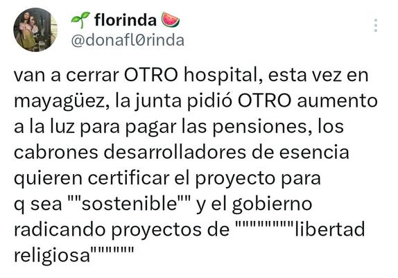 Una publicación en Twitter de donafl0rinda (Florinda). Dice lo siguiente: "Van a cerrar OTRO hospital, esta vez en mayagüez, la junta pidió OTRO aumento a la luz para pagar las pensiones, los cabrones desarrolladores de esencia quieren certificar el proyecto para q sea ""sostenible"" y el gobierno radicando proyectos de """"""""libertad religiosa"""""" "