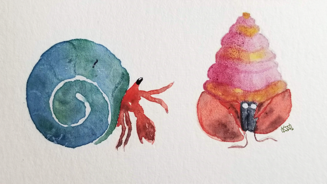 2 watercolor hermit crabs hanging out having a great day. One has a blue green shell & is looking at her friends, who has a pink-orange shell & is looking at you!