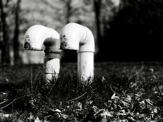 Black and white photo of two white pipes coming out of the ground and then bending down back towards the ground