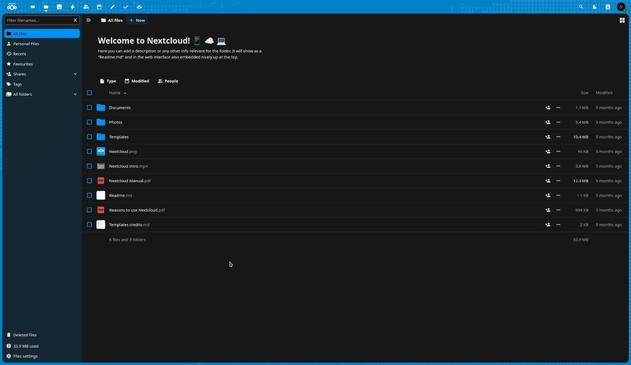 A screenshot of a freshly installed Nextcloud instance with the file browser web interface.