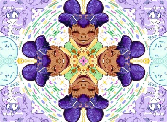 In the corners are my purple character Choko, my ghost character fat ghost in light blue, and a new OC who I didn’t name but she hangs out at the beach with her pikachu