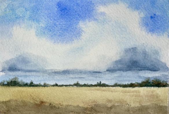 A vast, open field stretches across the bottom of the painting, ending at a thin line of distant trees, while enormous, billowing clouds loom above, swirling and shifting across a wide, empty sky.
