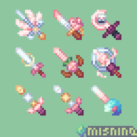A set of 9 small pixel art sword icons. They share being white and pink themed, with a little bit of gold or dark purple accents.