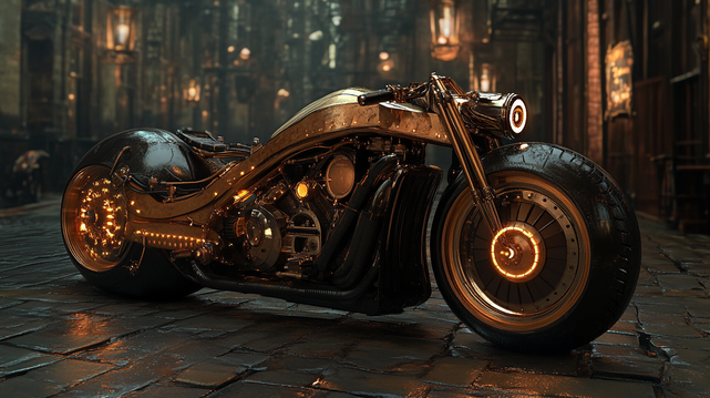 Braise de Fer.
Concept art d’une moto steampunk brillante, posée sur un pavé humide dans un décor industriel nocturne.
Concept art of a gleaming steampunk motorcycle on wet cobblestones in a moody industrial setting.