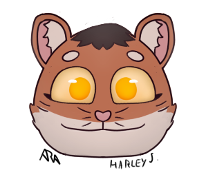 An illustration of a brown cartoony stoat looking at the viewer. Her eyes are orange and she's very silly looking