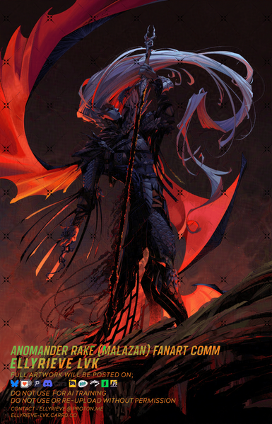 Fanart of Anomander Rake from Malazan book of the fallen - A silver haired man in leather mage armour who is gripping a long, thin obsidian sword with chains comming out of it. The lighting is relatively dark and red tinted, almost dangerous feeling.