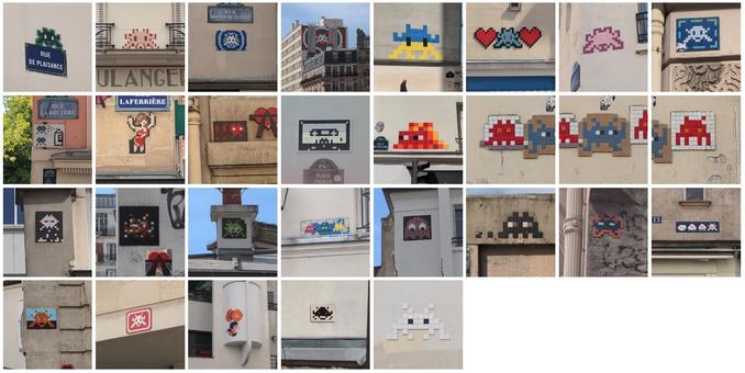Mosaïque de photo de mosaïques de l'artiste Invader, représentant des Space Invaders