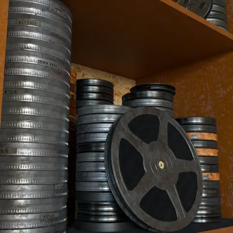 3D rendering of stacks of film canisters in a wooden cubby.