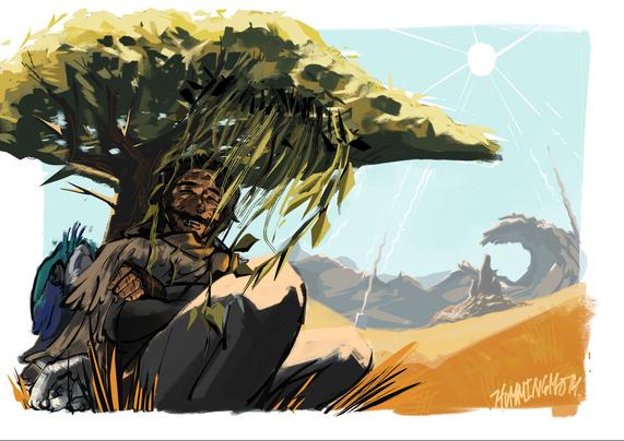 my hunter Danaus resting underneath a tree at the monster hunter Wilds region of Windward plains. His seikret and palico napped alongside him as the wind swayed the vine trap, shielding him from the sun. The bright sun during the plenty season of the region distorts the landscapes in the distance.