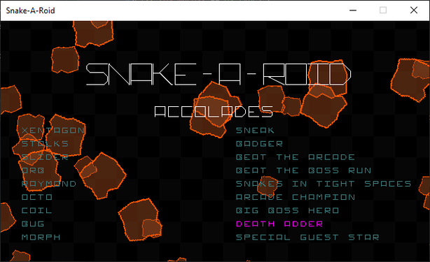 A screenshot of Snake-A-Roid showing the "Accolades" screen.
It has many accolades/achievements on it, most of which are in a deactivated colour state, with one slowly pulsing in colour that has been collected.