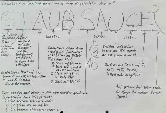 Foto eines gelösten Wochenendrätsel-Aufgabenzettels. Überschrift: "(Stofftier) hat einen Handstand gemacht und ist dabei eingeschlafen. Aber wo?" Darunter 11 Striche, über denen das Lösungswort STAUBSAUGER von Kinderhand geschrieben ist. Unter den Strichen stehen die Rätselaufgaben, die jeweils einen der Buchstaben als Lösung haben.
S: Die zehnte ungerade Zahl
T: Die Bisamrappe suchp ihren Stiefel
A: Quadratonia: Start auf 38; 1x nach N; nach W, bis Farbe ungleich Blau; 2x nach N; 1x nach W; Buchstabe ausgeben!
U: 2x8 + 5 = ...
B: Quadratonia: Welche dieser Anweisungen funktioniert nicht? (Lege das ERROR-Plättchen hin.) X: Start auf 25; 4x W. A: Start auf 1; nach O, bis Buchstabe = Selbstlaut. B: Start auf 48; N, bis Farbe = Rot. U: Start auf 40; 1x S.
S: Puste zwischen zwei dünnen, parallel nebeneinander gehaltenen Papierstreifen durch. Was passiert? C: Sie bewegen sich auseinander. K: Sie schwanken hin und her. S: Sie bewegen sich aufeinander zu.
A: D + M - P = ... (Darunter in Kinderschrift die Zahlen 4, 13 und 16.)
U: Welcher Selbstlaut kommt im ABC irgendwo zwischen Q und X?
G: 21 : 3 = ...
E: Quadratonia: Start auf 7; 4x S; 4x W; 4x NO; Buchstabe ausgeben!
R: Auf welchen Buchstaben enden die Namen der meisten Schachfiguren?