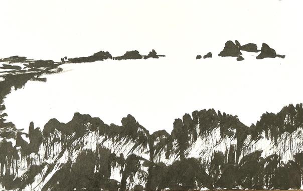Sketch of rocky shore, black and white using pentel brush pen. 
Out sketching today at one of my favourite bits of coast a short walk from my home. Lines of rocks, jagged, upright, tumbled, broken. I was thinking of adding colour, but decided to leave it for now.