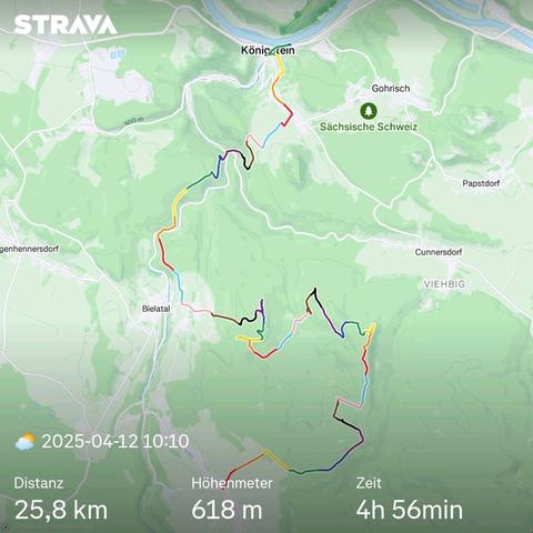 Screenshot meiner Route auf einer Karte. Unten stehen die Gesamtkilometer 25,8, 618 Höhenmeter und die Gesamtzeit von knapp 5 Stunden.