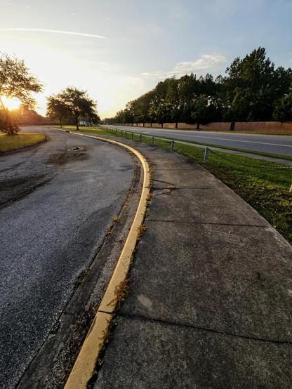 Curved sidewalk and pavement glowing from the warm sunrise ahead.