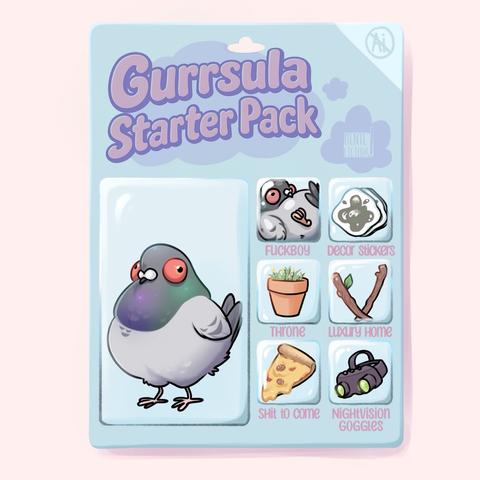 Ein digital gemaltes Bild eines Gurrsula Starter Packs, also ein Twist zu dem momentan viralen Trend sich von einer KI eine Sammelactionfigur mit Accessoires als Bild generieren zu lassen. Mein Gurrsula Starterpack ist selbstgemalt und beinhaltet eine rundliche Gurrsula, ihre Accessoires sind ein Nachtsichtgerät, ein Stück Pizza für zukünftige Taubenkacke, ein Blumentopf als ihr Thron, zwei Stöckchen als ihr Luxusappartement, eine extra Taube als ihr Fuckboy und ein paar Sticker die Taubenkacke zeigen als Deko.