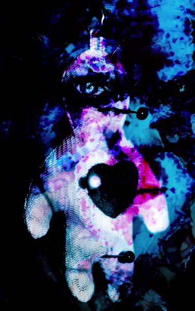 Dark color photograph, portrait format, multiple exposure, black and white with blue, violet, and red accents. The face of a woman with expressive eyes is superimposed on a photograph of a white voodoo doll with pins stuck in it. The doll is made of fabric and has a red heart with a pin stuck in it. One of the woman's eyes appears to be looking through the doll at the viewer. The background of the photo is very dark. Overall impression: eerie, threatening, vengeful, but cold.