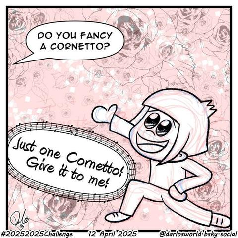 Drawing of Darlo singing "Just One Cornetto! Give it to me!" when someone asked "Do you fancy a Cornetto?". He is singing to the tune of 'O Sole Mio, mimicking the old British Cornetto adverts.