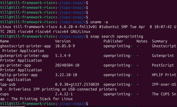 Screenshot of terminal on RISC-V board: Command "uname -a" shows that we are on RISC-V and command "snap search openprinting" shows all Snaps by publisher "oprnprinting" which can be installed on this system.