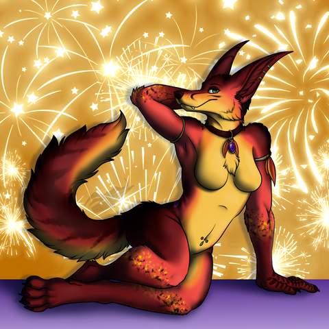 Anthro Amara striking a sexy pose with a god background with fireworks