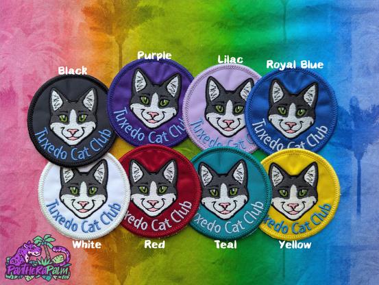 Round patches of various colors with tuxedo cat face and 'Tuxedo Cat Club' text