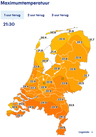 Map with today's high temperatures. 22.8C in central Netherlands, and up to 25.3C in the South.