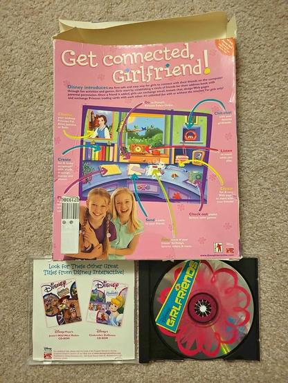 The back of the Disney Girlfriends box, showing two preteens and a screenshot of the software which has a Microsoft Bob-like interface.