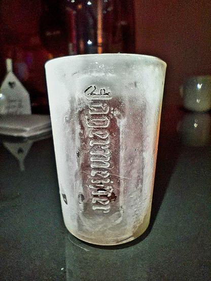 Subzero Mümmelman, a Jägermeißter analog, in a frozen shotglass with ice frozen onto the bottom, to simulate a sea floor.
