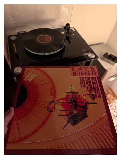 Auf einem schwarzen Plattenspieler läuft eine schwarze Schallplatte. Davor halte ich das Cover ins Bild. Gelb- und Orangetöne, links ist die Hälfte einer Iris. Rechts hängt Kate Bush in einem roten Kleid an einem Fesseldrachen, darauf ist ein roter Drachen abgebildet. Rechts oben stehen Name und Titel in einer asiatisch anmutenden Schriftart.
