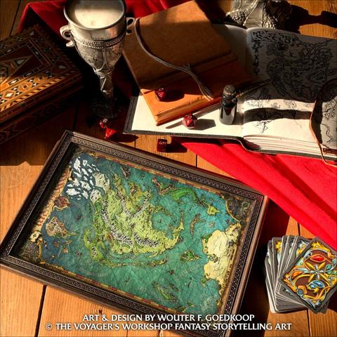A tavern table with dice, playing cards, a leather bound note book with dip pen & ink, a pewter cup filled with ale and a frame full colour map of a mysterious fantasy world.