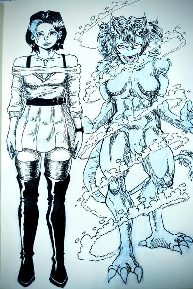 A drawing of a character of a comic I'm working on, on one side is the character in her normal outfit, and on the other side her Water Demon form