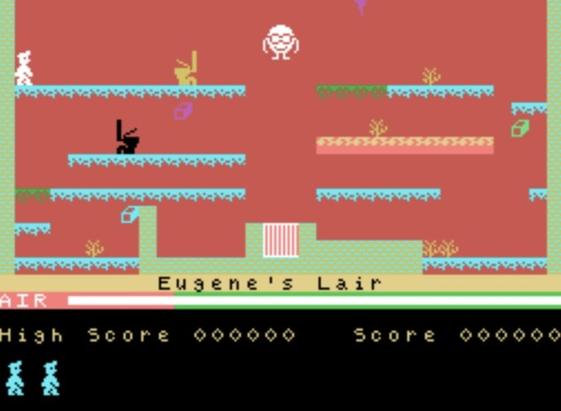 Screenshot of the Eugene’s Lair, the fifth level of the infamous Manic Miner. We see our hero Willy standing on the top platform, being chased by some mobile toilets. 

The eponymous Eugene is in the middle, he’s essentially a head with arms and legs and glasses and a sardonic smile. He’s white. 

When you collect all the collectibles in the game, he starts changing colour and he quickly drops down the screen to block your only exit. 

This level required not only pixel perfect platforming, but meticulous timing to make sure you got everything when he was far away from the exit. 

It’s a nightmare honestly and I get the heebie jeebies just typing this.