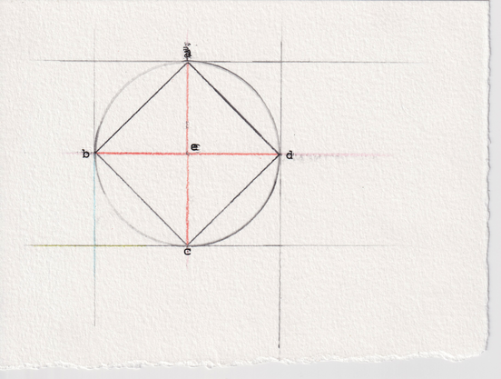 A rendering negotiated from book IV proposition 9 of Elements (1482 print-edition).

A circle that is itself inscribed within a square, circumscribed about a square, through which are two lines dividing each & every of the aforementioned in half.

The dividing lines are red.