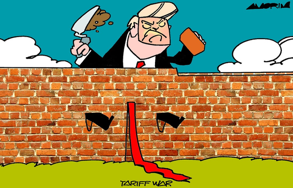 cartoon showing Trump building a brick wall with both legs sealed into the construction