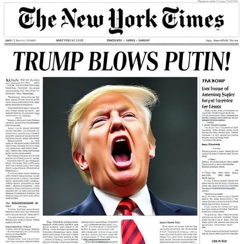 AI generated image: a New York Times cover with the headline "Trump Blows Putin!" showing Donald Trump with his mouth wide open.