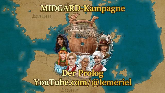 Das Bild zeigt einen Kartenausschnitt der Welt Midgard vom Rollenspielsystem MIDGARD. Es sind die Länder Alba, Erainn, Eschar, Chryseia, Küstenstaaten und Valian zu sehen. In der Mitte befindet sich das Logo der Kampagne „Wüsten, Wogen, Weltenklänge“. Es zeigt eine hölzerne Lyra-Harfe deren Tonkörper von Schnitzereien aus Wellen und Sanddünen verziert wird. Die Griffe der Harfe laufen oben in den Kopf eines Kamels und eines Segelschiffs aus. Bei den Saiten prangt der Name der Kampagne und Sand weht durch die Seiten, welcher langsam in Wasser übergeht.

Im Halbrund sind die Köpfe der sechs Spielfiguren dargestellt. Von links nach rechts sind dies: Die scharidische Ad’ifaah mit ihrem dunkelblauen Kopftuch, die Berggnomin Mira mit ihren roten Haaren und der grünen Lederkappe, der blonde Laran-Priester Auro in seinem roten Wappenrock, der weißhaarige Barde Izavel in seiner Toga, der Scharide Nuri mit seinem Turban und der braunhaarige Paolo, welcher einen braunen Hut mit hellbrauner Hutkrempe und einem roten Hutband samt zwei weißen Federn trägt. 

Oberhalb des Logos steht „MIDGARD-Kampagne“ und unterhalb „Der Prolog“ der YouTube-Link zum Kanal von Lemeriel.