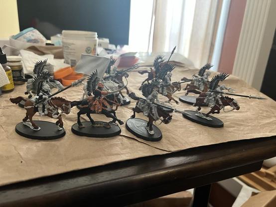 Warhammer 40K Miniatures

Victoria Miniatures

10 Rough Riders with winged hussar back banners. Various states of painting, black and orange uniforms. Feathers are light grey to dark gray at tips.
