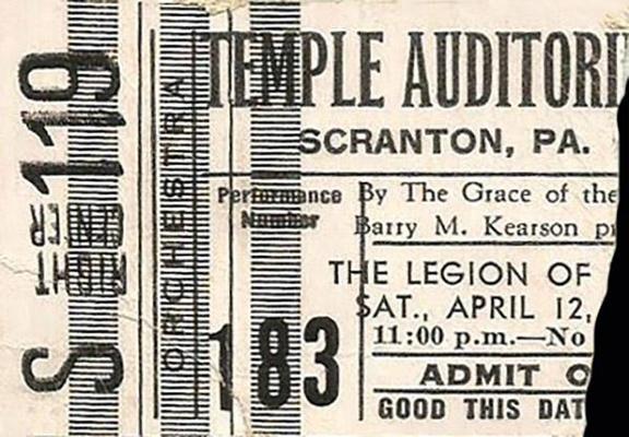 ripped ticket for Legion of Mary at Temple Auditorium