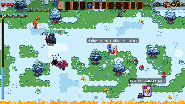 Snowy pixel art scene of Skylar running from the reaper.