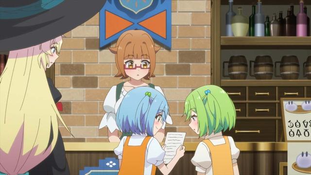 Four anime characters gather inside a cozy shop; two girls in matching outfits excitedly examine a piece of paper, while a woman in glasses and another in a witch hat look on from behind the counter lined with barrels and bottles.