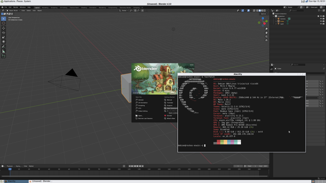 A sceenshot shows the UI of Blender properly rendered on a RISC-V system as well as the OpenGL accelerated terminal Alacritty.