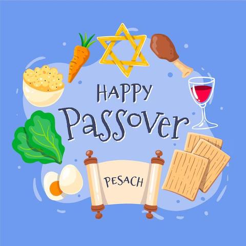 Alt-text:

Passover-themed illustration with "Happy Passover" text and symbols like matzo, wine, and a scroll.

Transcribed Text:

HAPPY PASSOVER PESACH