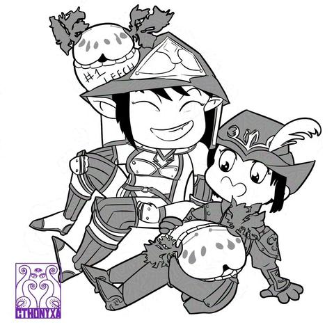 A black and white illustration of two characters from FFXI and their leeches. Xanathema, a Hume Red Mage with short black hair dressed in artifact gear, leans back and looks down at the adorable leech in a sweater resting on her lap. Behind her, Cthonyxa, a black-haired Elvaan White Mage dressed in RSE gear and a Traveler’s Hat,  sits behind her, grinning at the camera while her leech--dressed in a sweater that says ““#1 Leech”, peeks out from behind her hat. Cthonyxa’s logo is on the left.