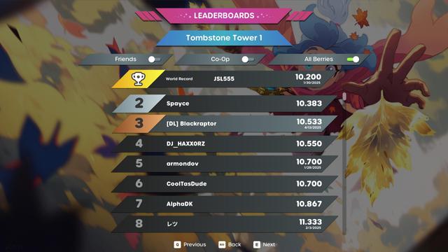A leader board for the video game Unless, on the level Tombstone Tower 1. It shows me in 3rd place at 10.533, just 0.017 seconds ahead of 4th place.