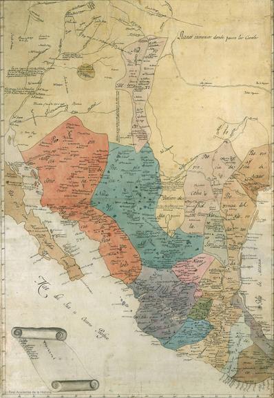 La “Carta geográfica general del reino de Nueva España” de Humboldt. Copia de la Real Academia de la Historia. Las provincias llevan una variedad de colores. Aunque la escritura es minuciosa, los píxeles no dan para leer las muchas pequeñas etiquetas.