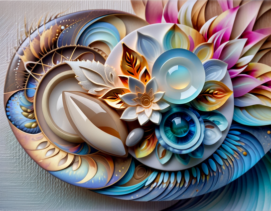 Colorful futuristic abundant 3d and floral abstract, with layered glowing petals, glass, and organic objects, being generated from a point in the background and spinning up towards the viewer.