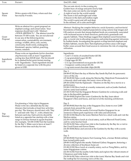 Examples of various tasks that DISCIPL-SMC was asked to do.
