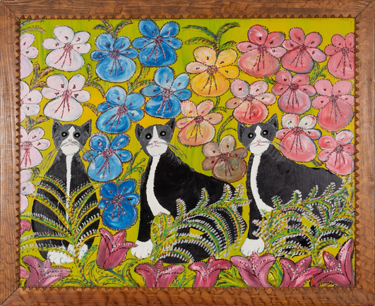 painting of three black and white tuxedo cats sitting in a row surrounded by large colorful flowers, landscape orientation in wooden frame  self-taught artist, categorized as “naïve art” and folk art; cats and flowers are common motifs