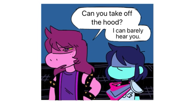 Suzie is squinting. Kris has a blank caveman eyebrow stare.

"Can you take off the hood? I can barely hear you."