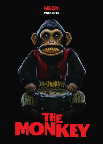 movie poster of The Monkey (2025)

at top: Neon, the distributor

middle: an old timey toy monkey with a drum kit

bottom: The Monkey in bold red font