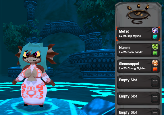 Metsä the imp mystic in Atlyss, followed by Nammi the poon bandit, and Sinaasappel the chang fighter. They're all level 25.